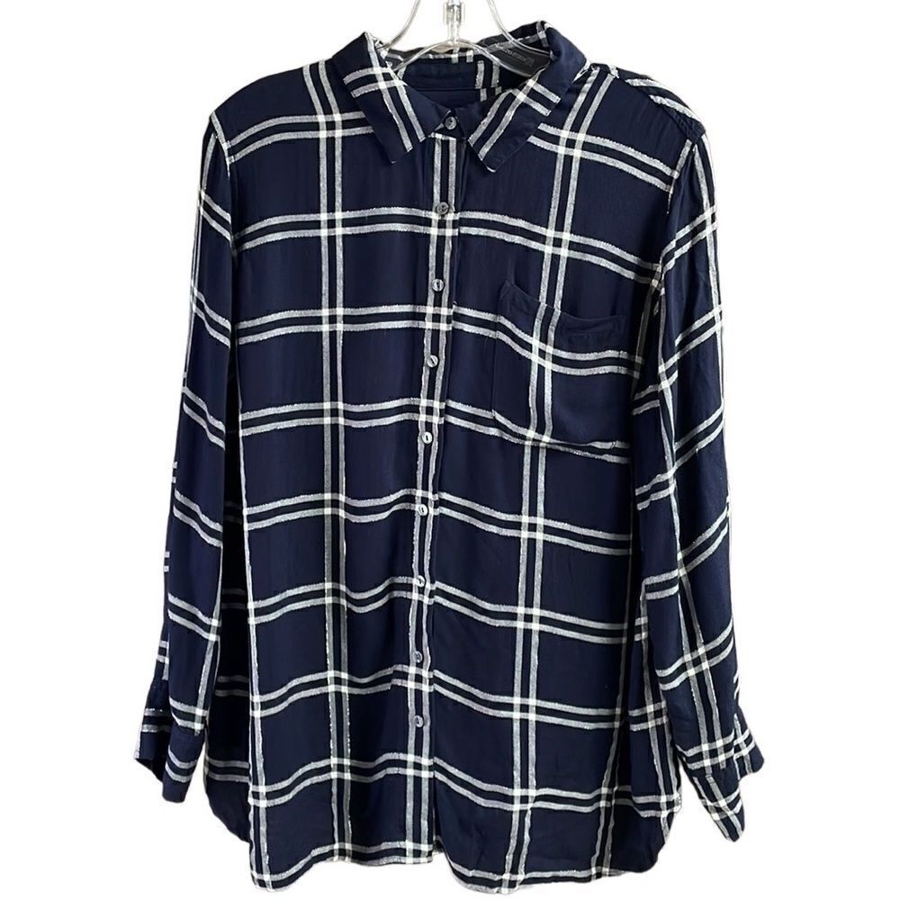 Talbots Ladies Petite Plus 1X Button Up Long Sleeve Black Plaid Silver Metallic